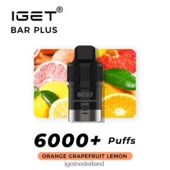nicotinevrije IGET bar Nederlandreep plus pod 6000 trekjes 46N8T380 sinaasappel grapefruit citroen